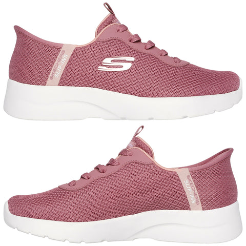 A pair of pink Skechers slip-on shoes is displayed from multiple angles showing a lightweight mesh design with a thick white sole suitable for casual wear and comfort.