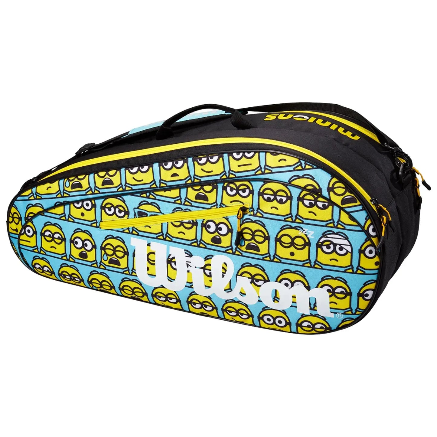 A black tennis bag with vibrant blue and yellow graphics features multiple cartoon minions on its sides. It includes a large logo on the front and zippers for access.