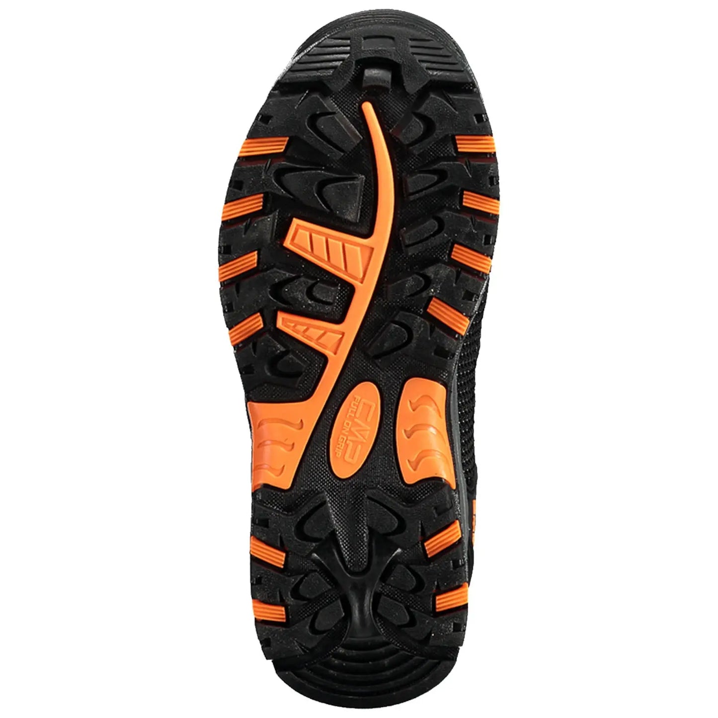 A black and orange shoe sole rests flat showcasing a rugged tread pattern designed for traction while walking or running on various surfaces in outdoor or athletic environments.