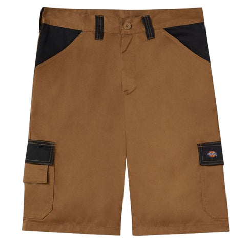 Brown cargo shorts feature black accents on the pockets and waistband with a button closure at the front and a patch pocket on the side suitable for casual or workwear contexts.