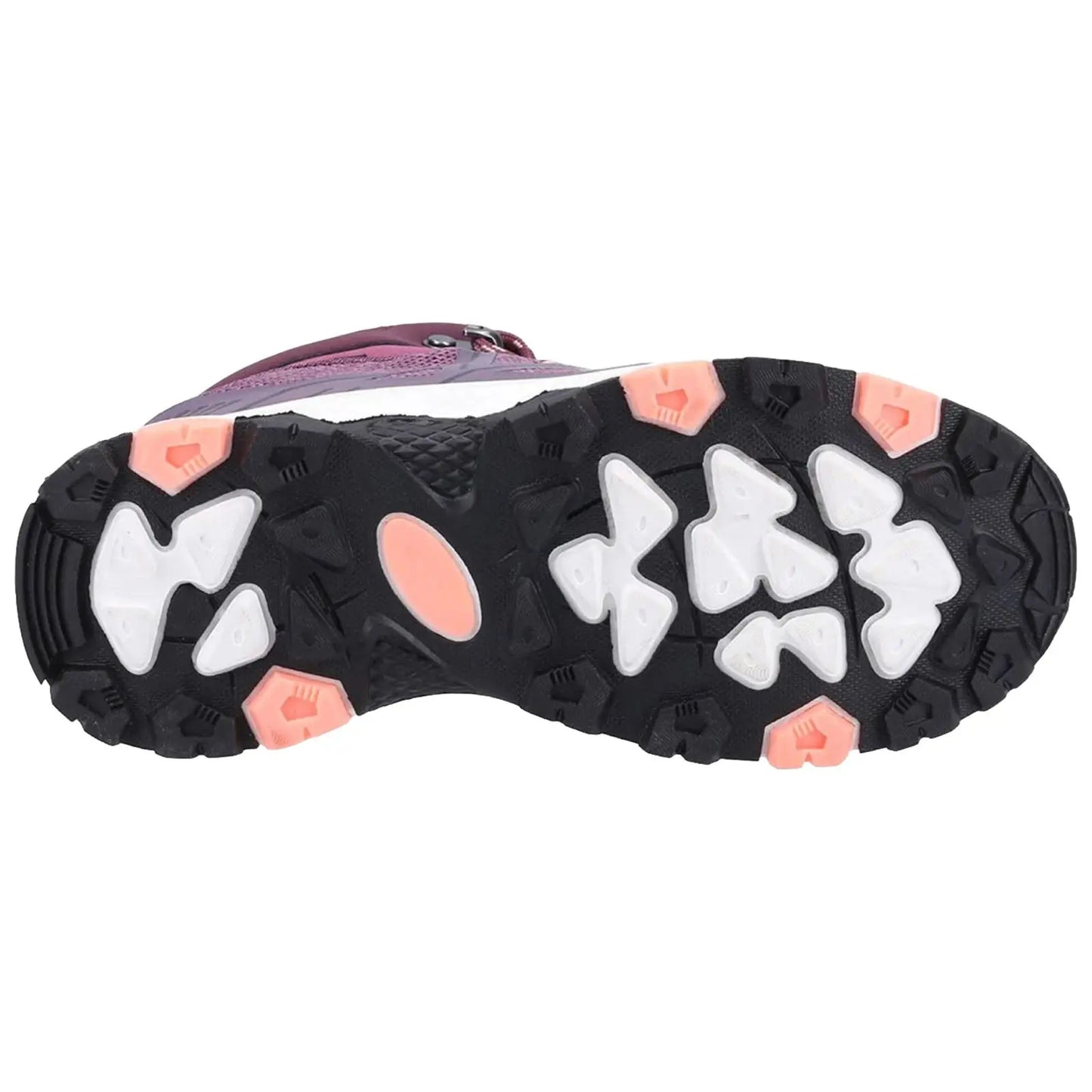 A shoe sole features a textured design with multi-directional lugs in varied shapes and colors including black white and pink indicating functionality for grip on various surfaces.
