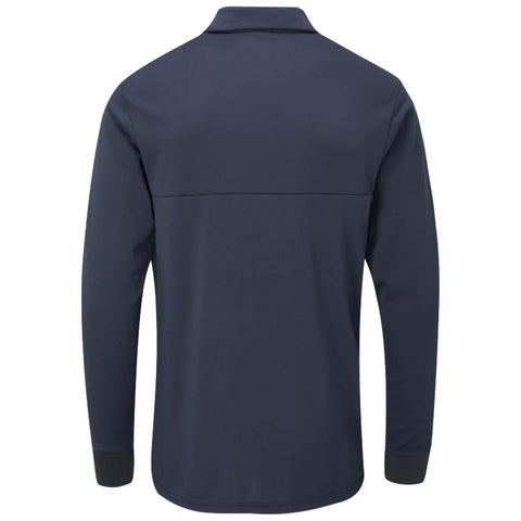 A long-sleeve navy polo shirt is displayed with its back facing the viewer showcasing a simple design and a smooth fabric texture. The shirt has a traditional collar and cuffed sleeves.