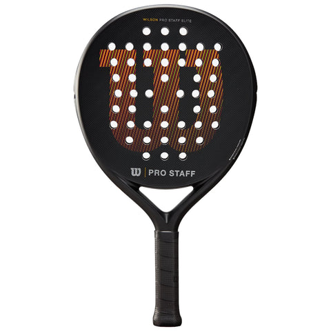 A padel racket features a black face with a prominent red and orange "W" logo and numerous holes The handle is covered with a textured grip suitable for gameplay