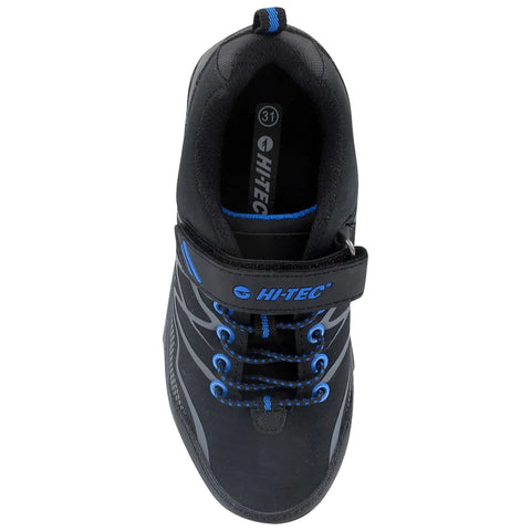 A black athletic shoe with blue accents features laces and a strap across the midfoot for support placed against a neutral background indicating it is designed for active use.