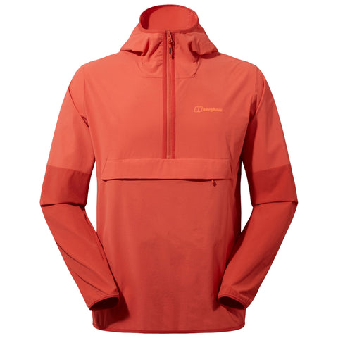 A vibrant orange hooded jacket features a half-zip front and long sleeves, designed for outdoor activities, showcasing a sleek and functional style suitable for various weather conditions.
