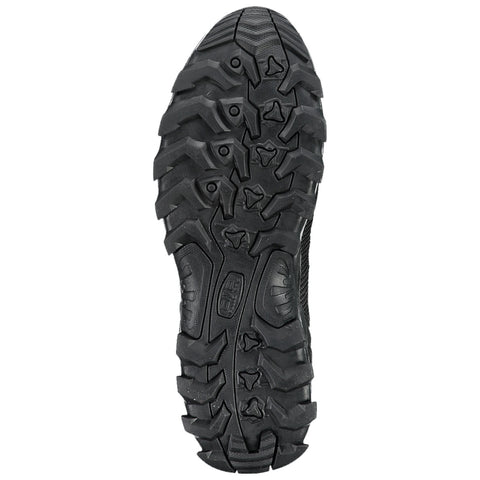 A black shoe sole is shown with a rugged tread pattern designed for traction on rough surfaces providing stability and grip in outdoor environments.