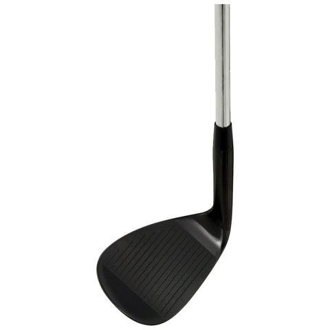 A golf club with a black wedge head rests upright showcasing its flat face with grooves while a polished shaft extends upward ready for use on a golf course or driving range
