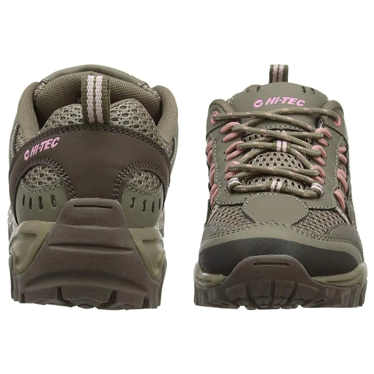 A pair of green hiking shoes is positioned with one shoe facing forward and the other backward showcasing the design details including mesh and pink laces in a neutral background.