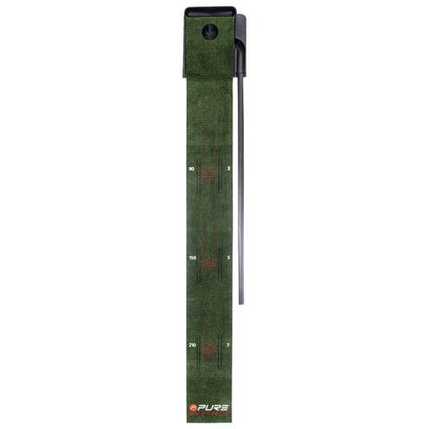 A green measuring tape marked with numerical increments indicates distances. It is measuring something, likely on a flat surface, with its calibration visible along its length.