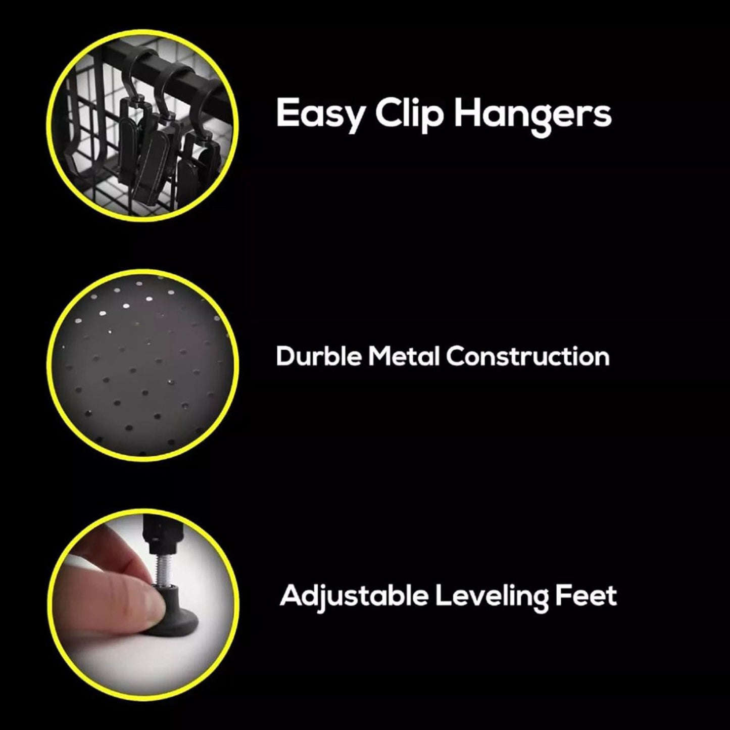 A storage rack features easy clip hangers for organization with a durable metal construction and adjustable leveling feet for stability in various environments.