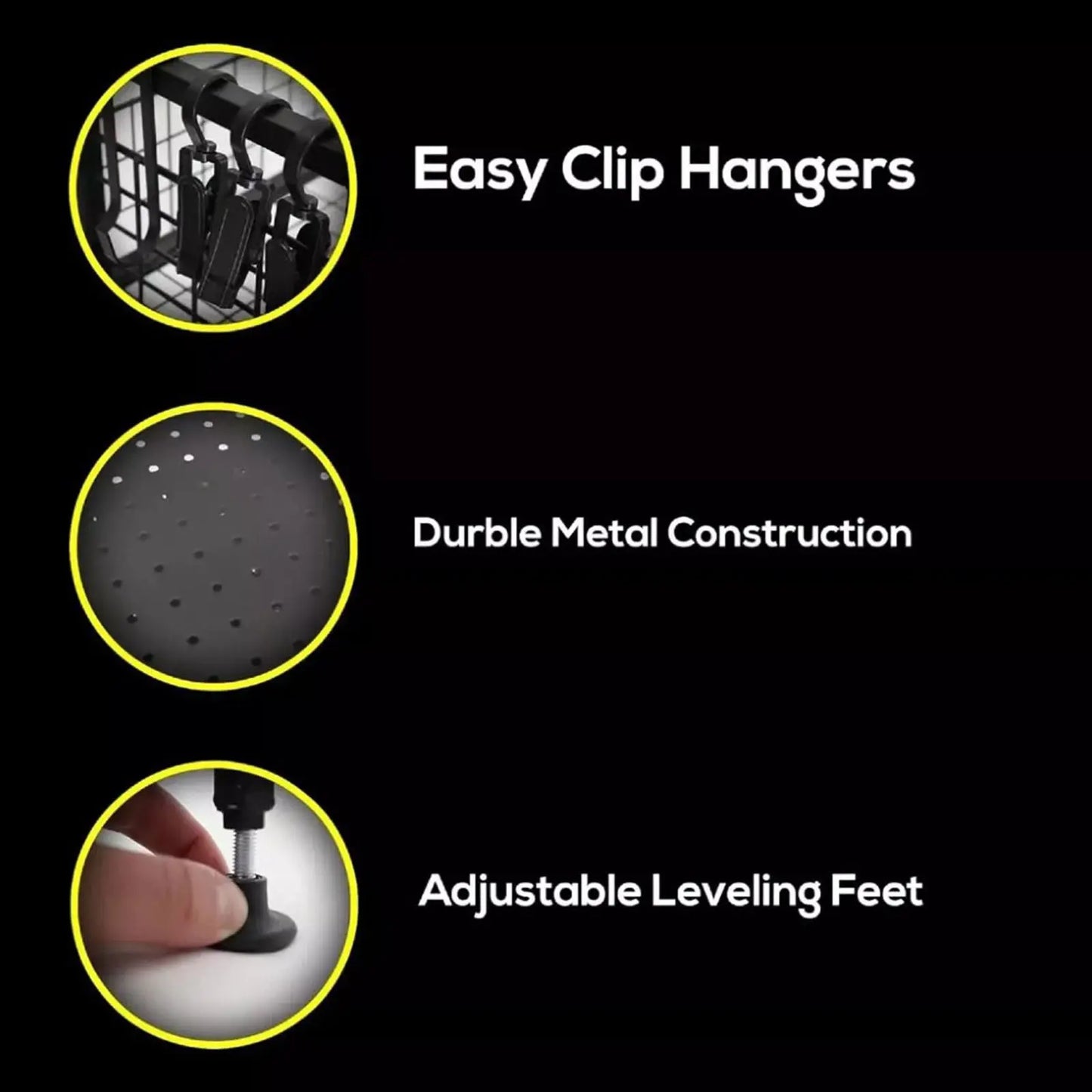 A storage rack features easy clip hangers for organization with a durable metal construction and adjustable leveling feet for stability in various environments.