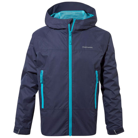 A navy blue jacket with a hood features bright turquoise zippers and accents two front zippered pockets and is designed for outdoor activities in variable weather conditions