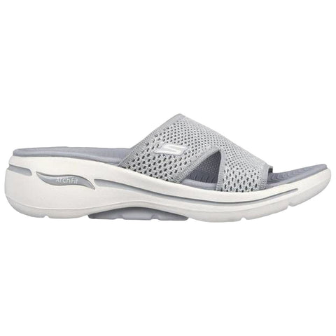 A gray open-toed sandal is displayed with a textured upper and a thick white sole providing arch support resting on a plain white background.