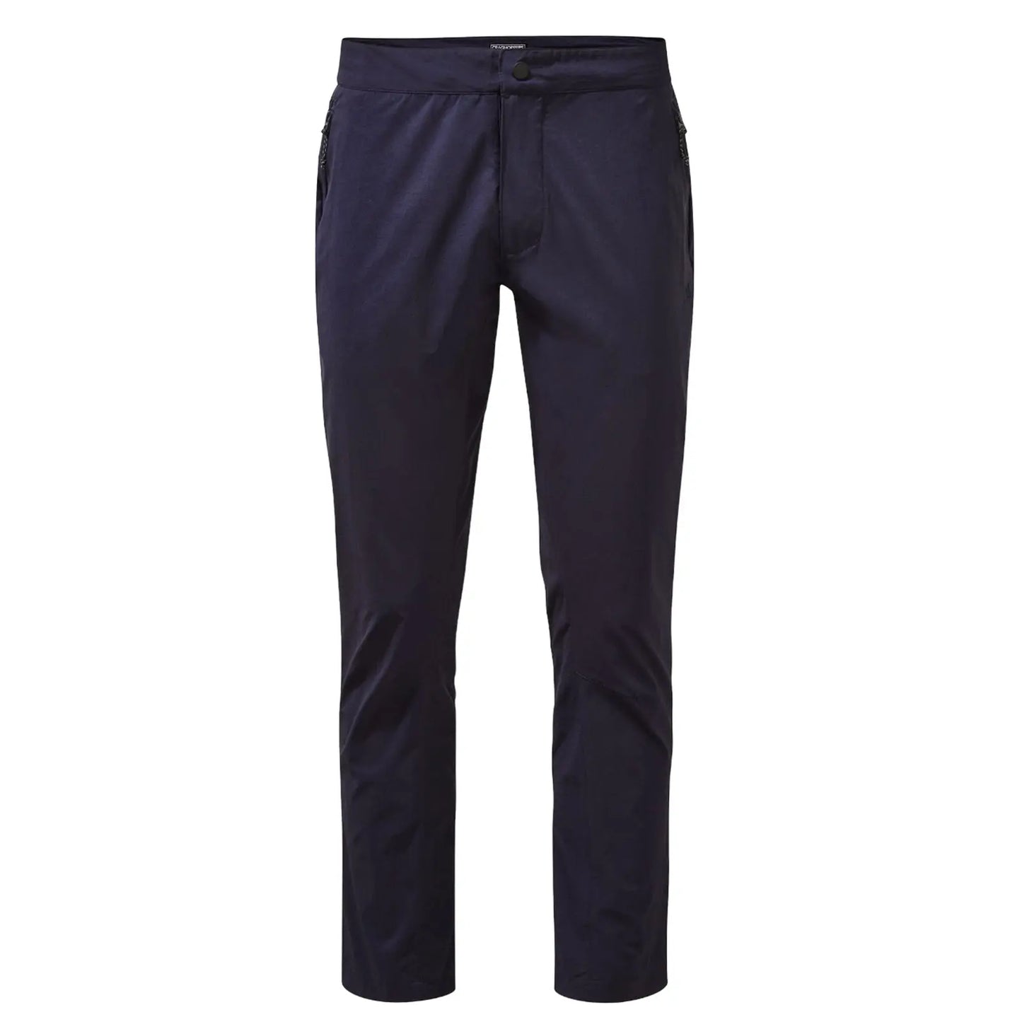 Dark navy pants stand upright showcasing a slim fit design with visible pockets and a button at the waist suitable for casual or outdoor wear against a neutral background.