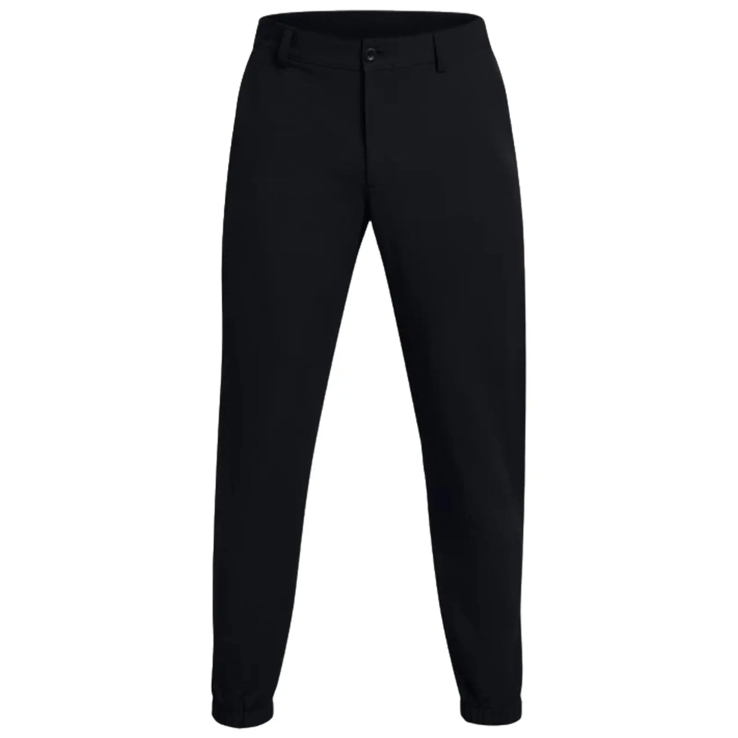 Black pants are displayed standing upright showcasing a fitted style with a button closure and elastic at the ankles set against a neutral background