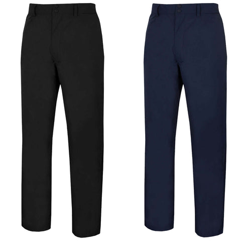 Two pairs of trousers are displayed side by side one in black and one in navy blue both feature a straight cut design with button closures at the waist
