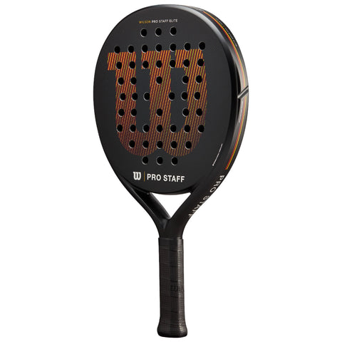 A black paddle racket features a textured surface with a large "W" logo and multiple perforations for hitting balls while the handle is covered with a grip suitable for gameplay.