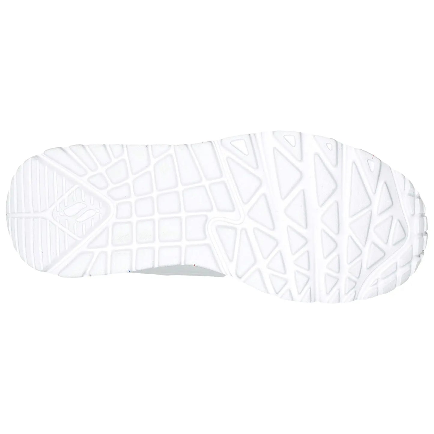 A white shoe sole features a patterned grip with geometric shapes designed for traction. It is isolated against a plain background emphasizing the shoe's design and functionality.