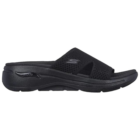 A black slide sandal features a breathable upper with cross straps and a cushioned sole designed for comfort and casual wear suitable for outdoor activities or lounging.