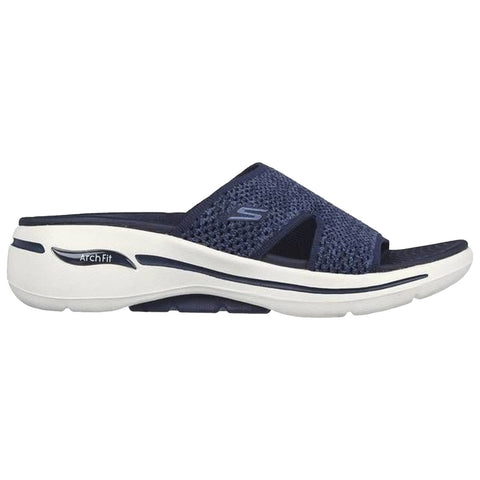 A navy blue sandal with a woven upper features an open toe design and a thick white sole labeled Arch Fit providing comfort and support in casual settings.