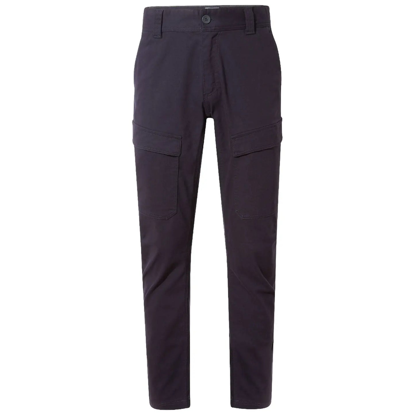 Black cargo pants with multiple side pockets are displayed upright showing their simple design suited for casual or outdoor wear providing functionality and comfort without any visible text