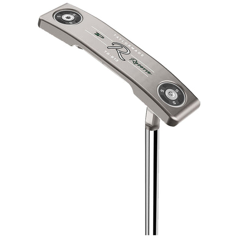 A golf putter rests upright showcasing a sleek metallic head with a curved design and two circular weights at either end the shaft is polished chrome providing stability and balance for putting practice or play