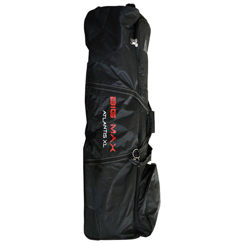 Big Max Atlantis XL Travel Cover A black golf travel bag stands upright featuring the name "BIG MAX" and "ATLANTIS XL" in red text while a side pocket is visible for additional storage in an indoor setting.