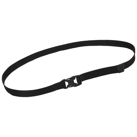 A black nylon belt lies flat featuring a plastic buckle at the center designed for fastening around the waist typically used in casual or outdoor settings