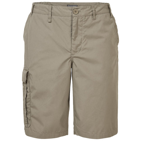 Khaki cargo shorts hang vertically displaying a waistband with a button and zipper while featuring side pockets ideal for casual outdoor wear suitable for warm weather activities.