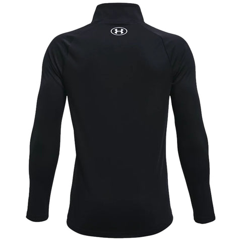 A long-sleeve black athletic shirt is displayed backward showcasing a small logo at the neck area made for performance in sports or training environments.