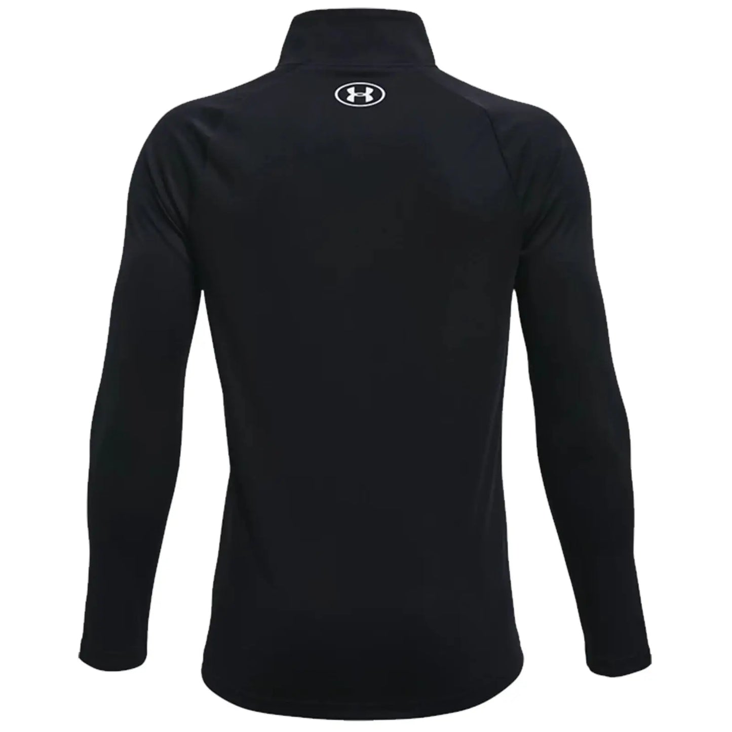 A long-sleeve black athletic shirt is displayed backward showcasing a small logo at the neck area made for performance in sports or training environments.