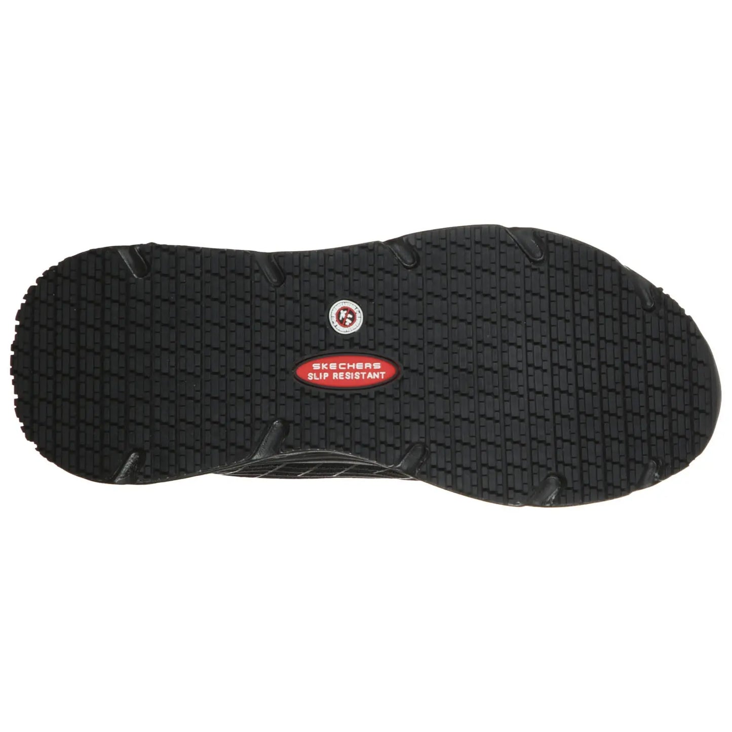 A black shoe sole features intricate tread patterns and a red label indicating it is slip resistant designed for traction on various surfaces.