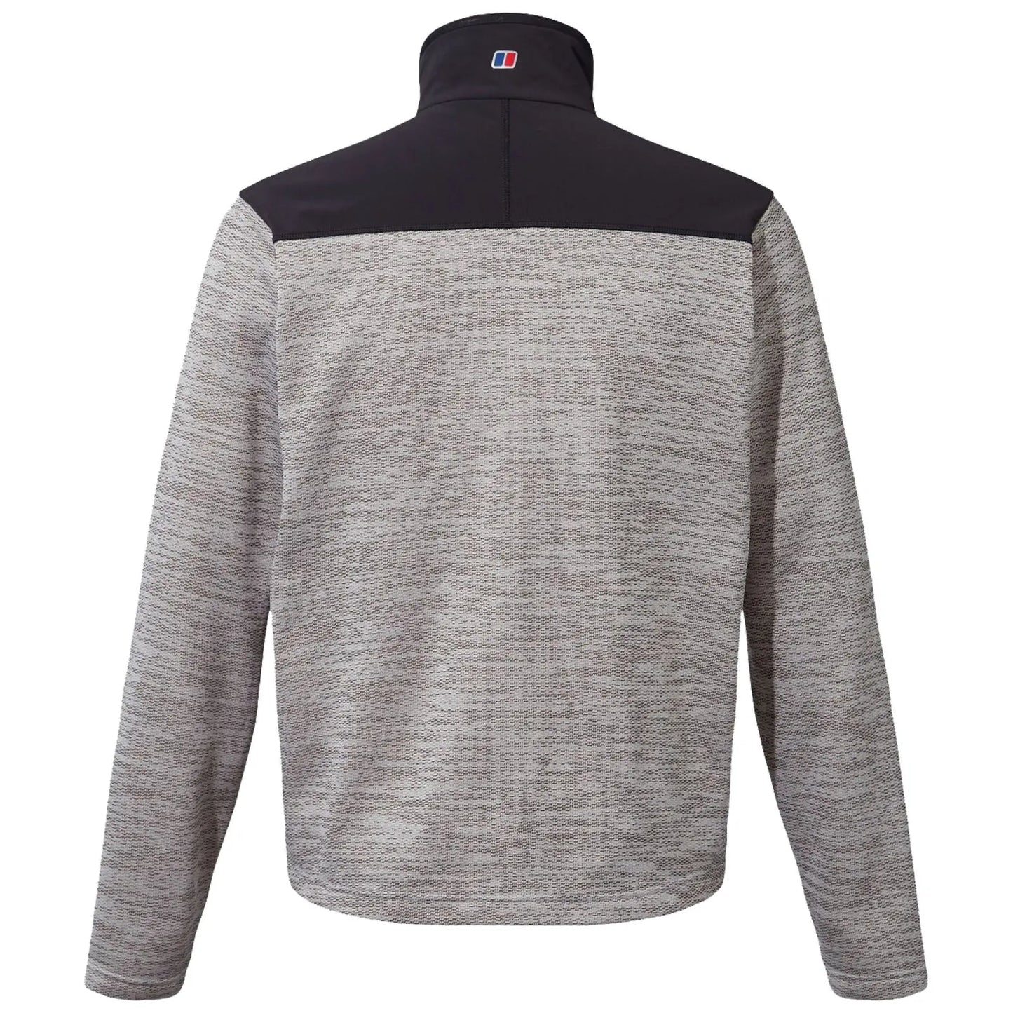 A long-sleeved pullover jacket with a grey textured body and a black upper section is displayed from the back against a plain white background