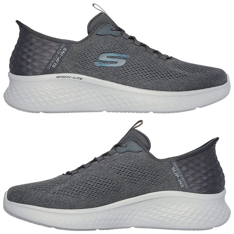 Gray athletic shoes are displayed from multiple angles showcasing a mesh upper a cushioned sole and branded details emphasizing comfort and style suitable for casual wear or light exercise