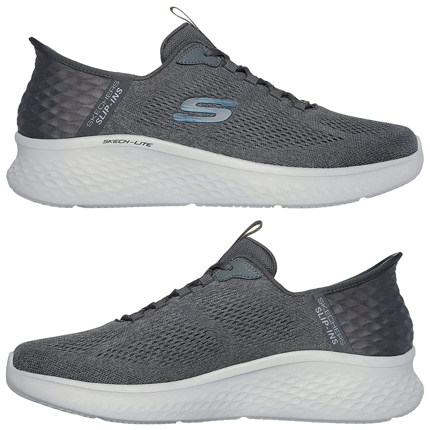 Gray athletic shoes are displayed from multiple angles showcasing a mesh upper a cushioned sole and branded details emphasizing comfort and style suitable for casual wear or light exercise