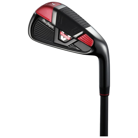 A golf club with a sleek black design and red accents is positioned upright against a plain background showcasing its angled face and shaft intended for striking a golf ball.