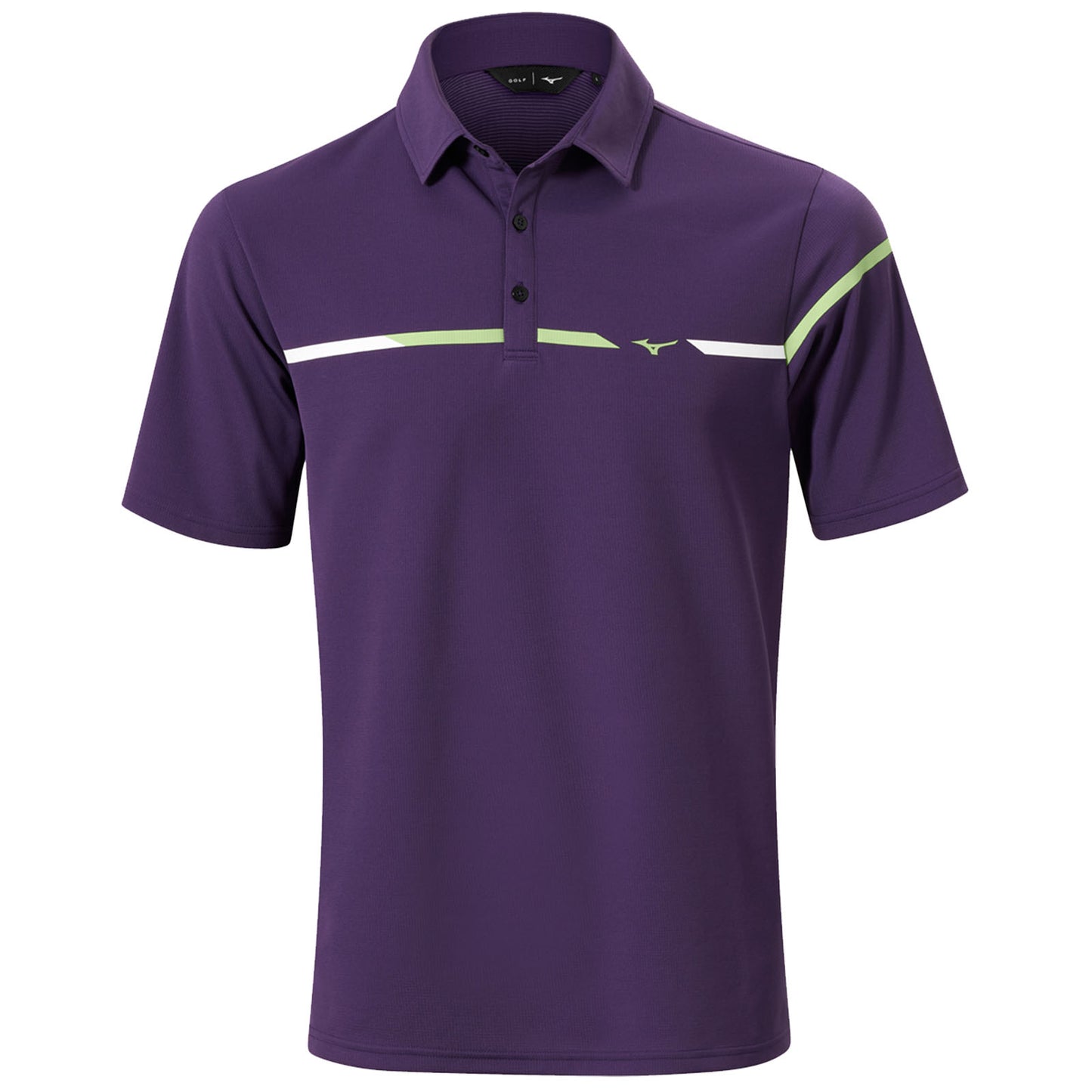 A purple polo shirt features a collared neckline short sleeves and decorative stripes in white and green across the chest hanging against a plain background