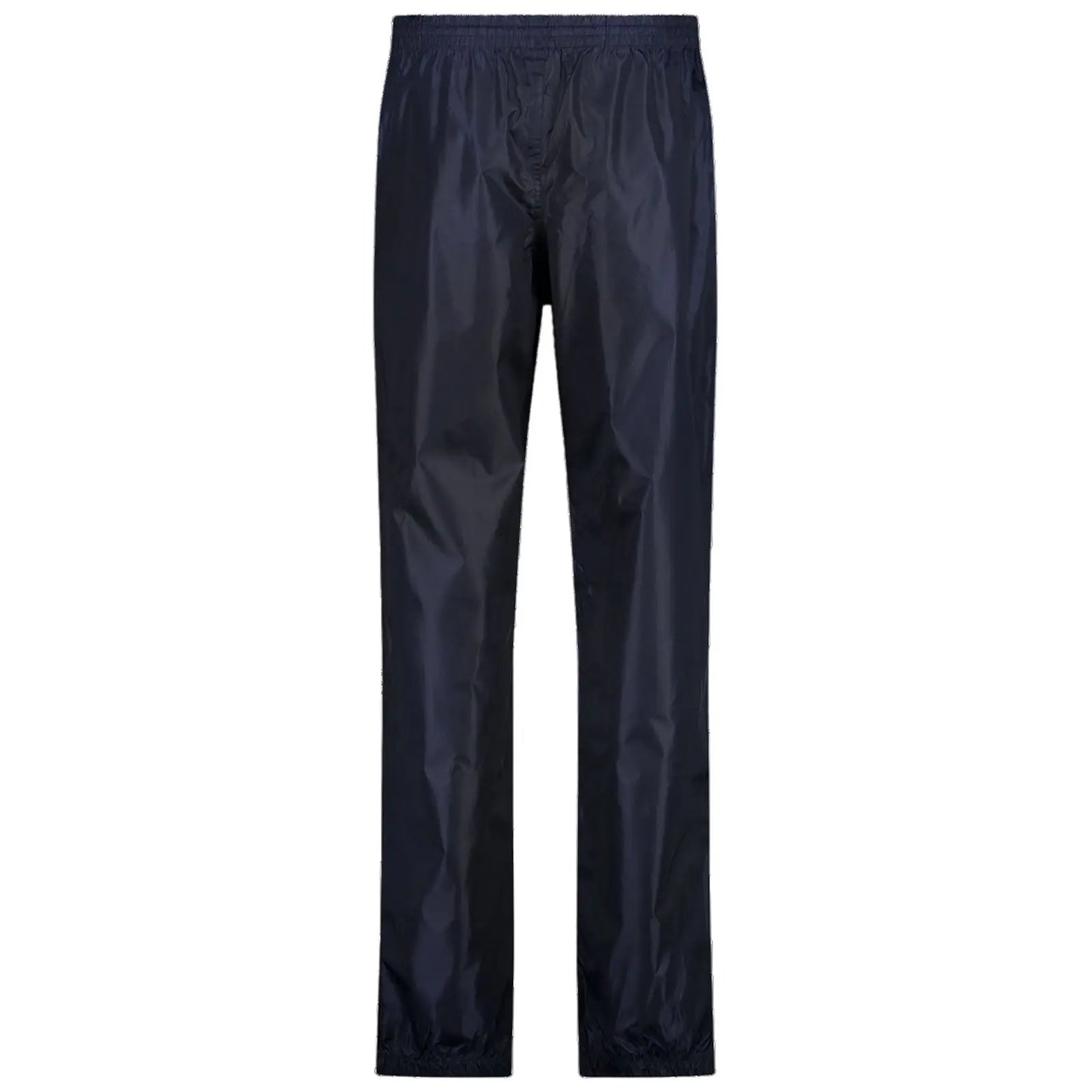 Navy waterproof pants are displayed upright illustrating a smooth texture with an elastic waistband and tapered legs indicating suitability for outdoor activities in wet conditions.