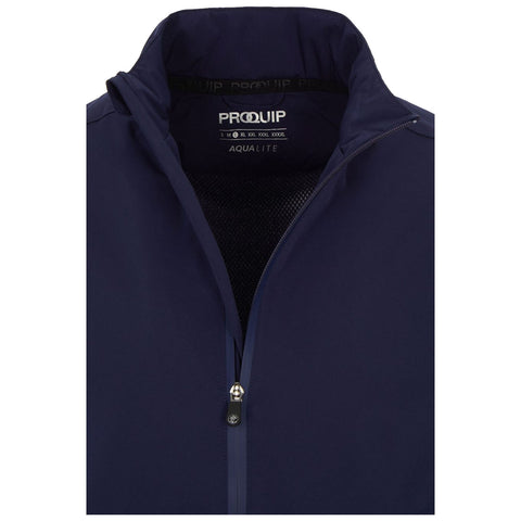 A navy blue jacket features a zippered front and a high collar with a mesh interior. It is lightweight designed for outdoor activities. The label inside displays the brand and size information.