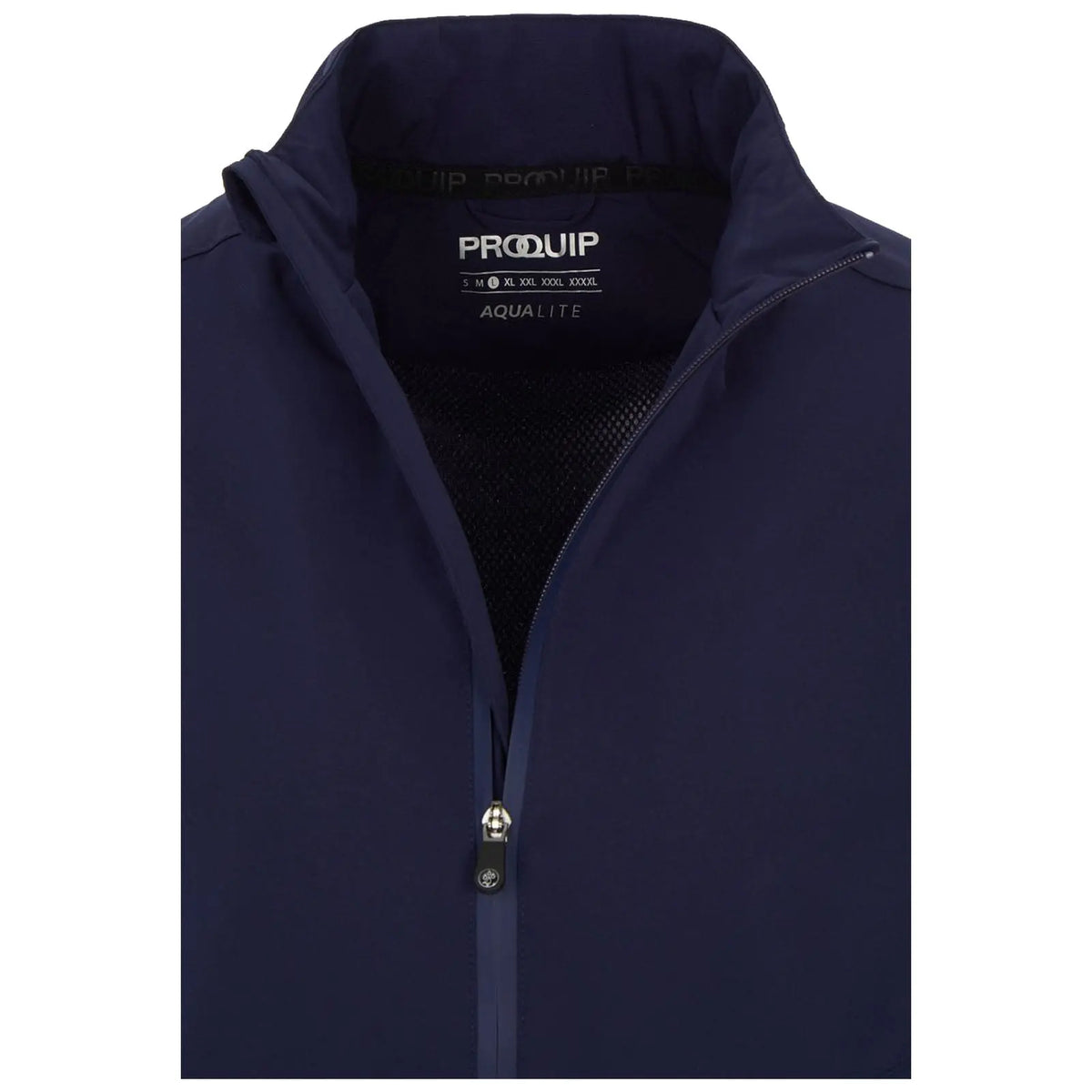 A navy blue jacket features a zippered front and a high collar with a mesh interior. It is lightweight designed for outdoor activities. The label inside displays the brand and size information.