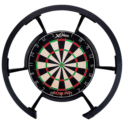 A round dartboard is centrally positioned within a black protective frame with sections for darts. The board features a pattern of red green and black segments numbered around the edges.