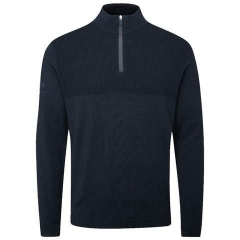 A dark navy pullover sweater features a high collar with a zipper and long sleeves made of a textured fabric displaying a sporty appearance suitable for casual wear.