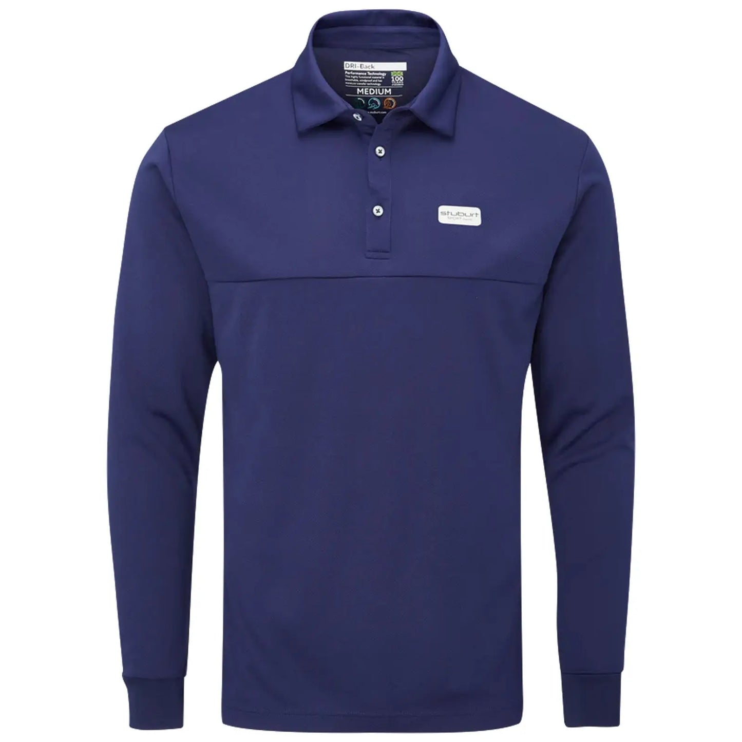 A long-sleeve navy polo shirt is displayed with a buttoned collar and a logo on the upper left side featuring a solid color design suitable for casual or athletic wear.