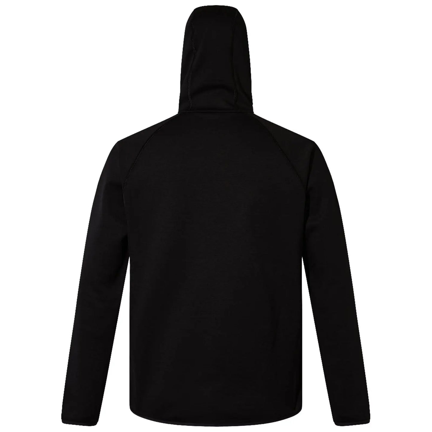 A black hooded sweatshirt is displayed with its back facing the viewer showcasing a simple design without any visible branding or patterns in a neutral setting.