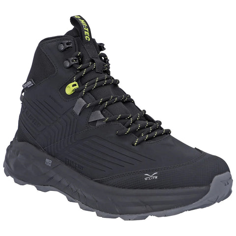 A black high-top boot with a rugged sole and textured design is positioned prominently. Its laces are tightly secured, and there's a contrasting yellow accent. The background is plain.