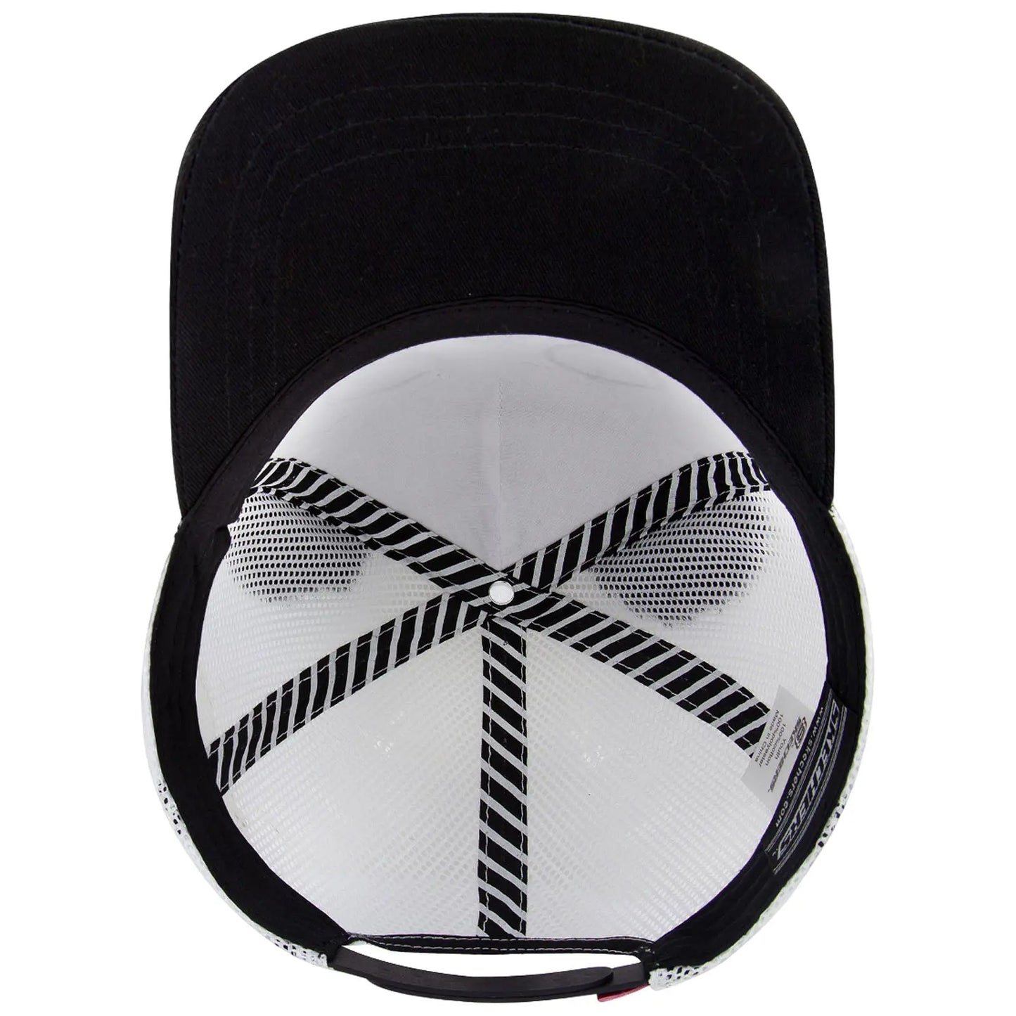 A black cap is positioned upside down showing its inner lining and logo The inner surface features a mesh pattern with black and white stripes crossing diagonally