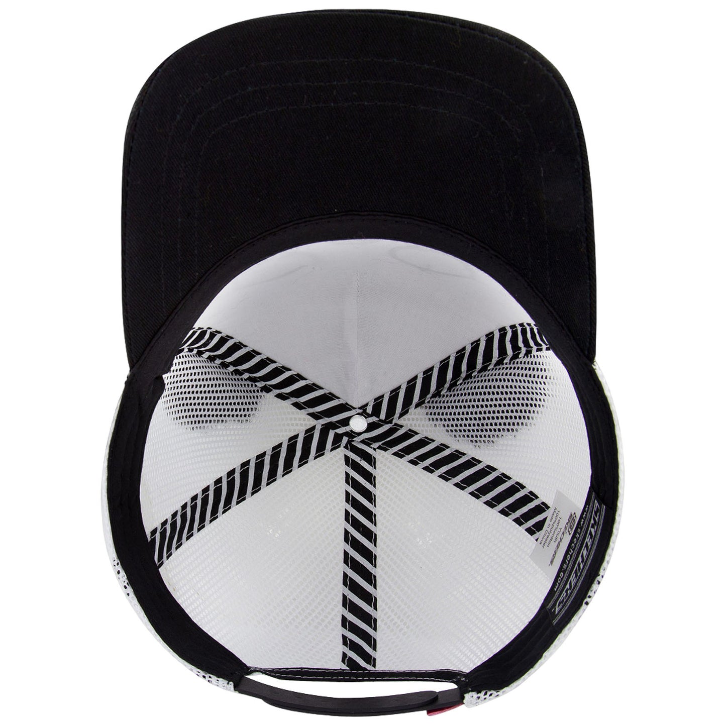 A black cap is positioned upside down showing its inner lining and logo The inner surface features a mesh pattern with black and white stripes crossing diagonally