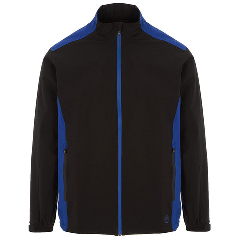 A black jacket with blue accents is displayed frontally the jacket features a zippered front and side pockets situated within a plain white background.
