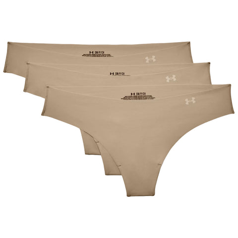 A set of three identical pairs of beige women's underwear is displayed neatly in a row showcasing their seamless design and brand logo tags on the waistband
