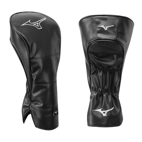 Black golf head covers are displayed side by side showcasing a sleek design with a shiny surface and elastic openings revealing brand logos for protection of golf clubs in a storage setting.
